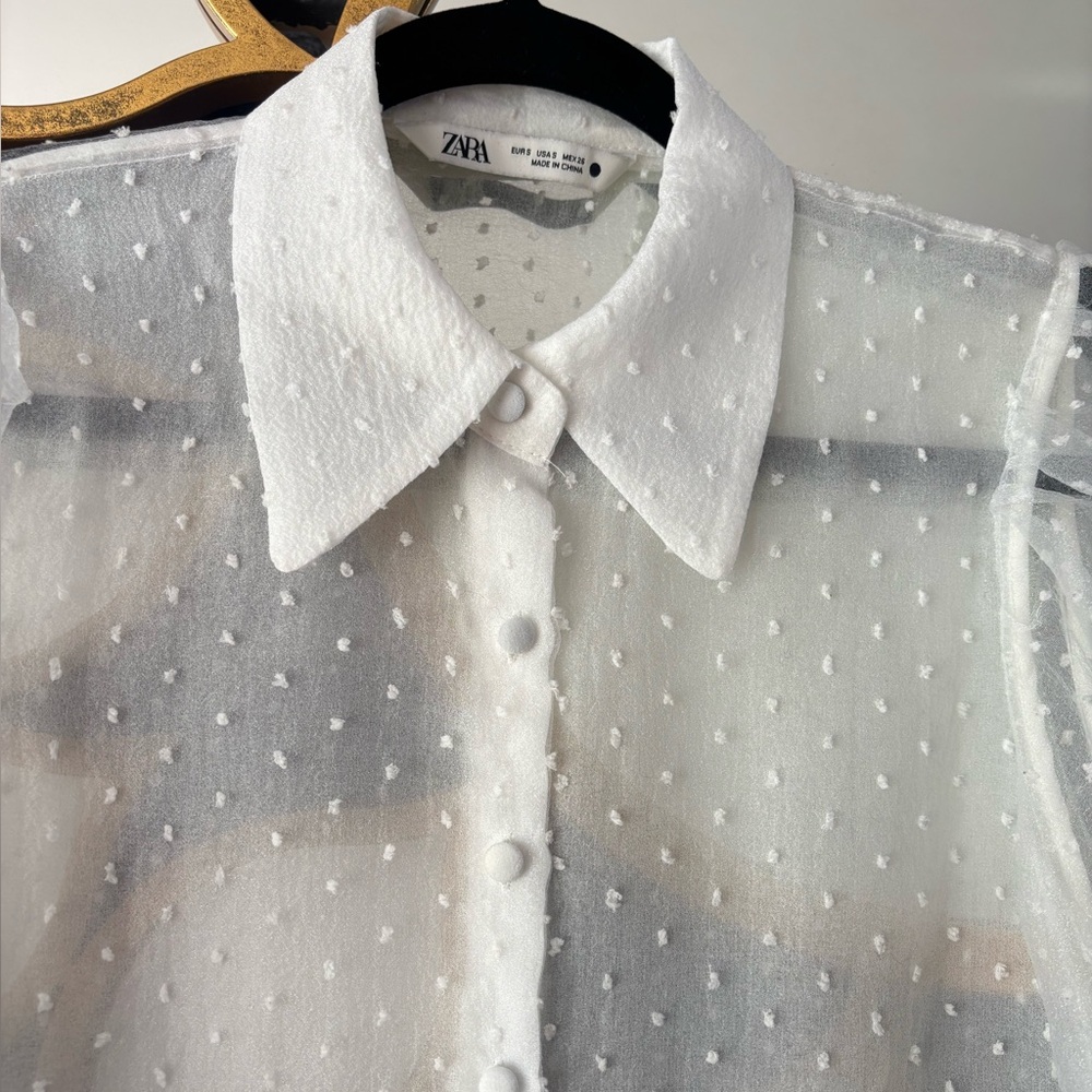 Zara White Sheer Polka Dot Blouse - Picture 4 of 10